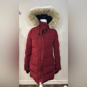 Women's Red Puffer Jacket with Faux Fur Hood